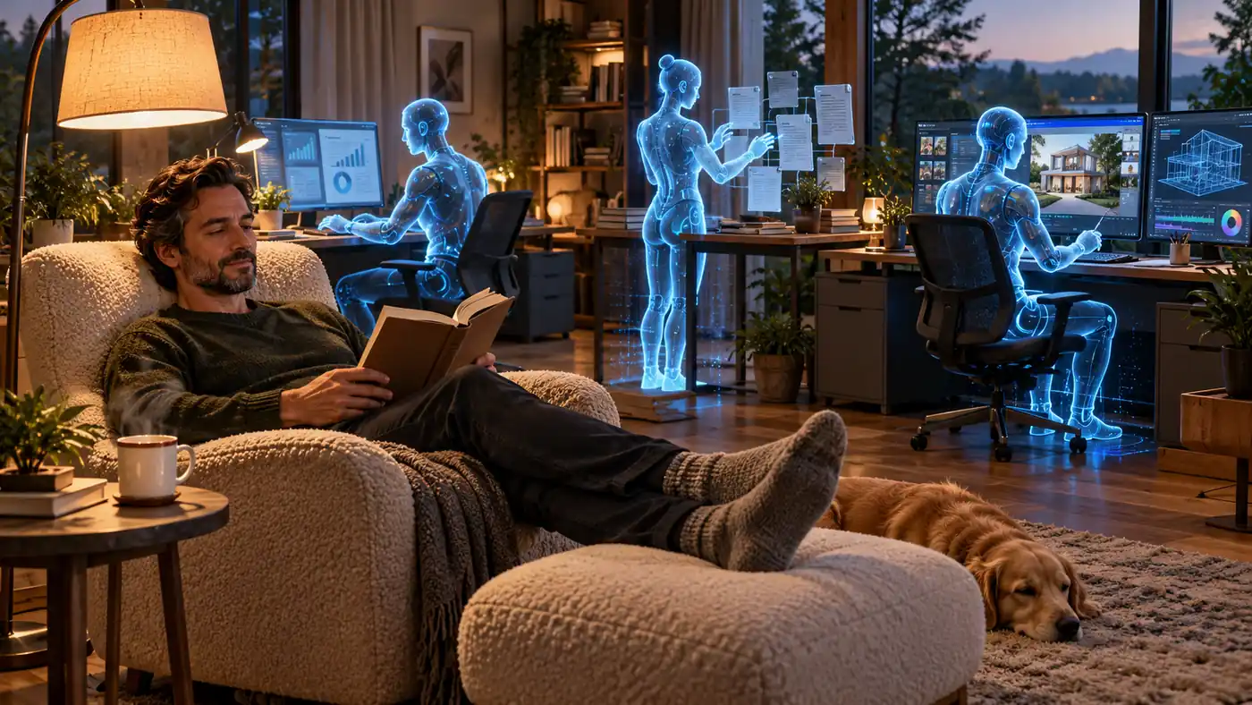 A man reads at home while artificial assistants perform various activities at a computer