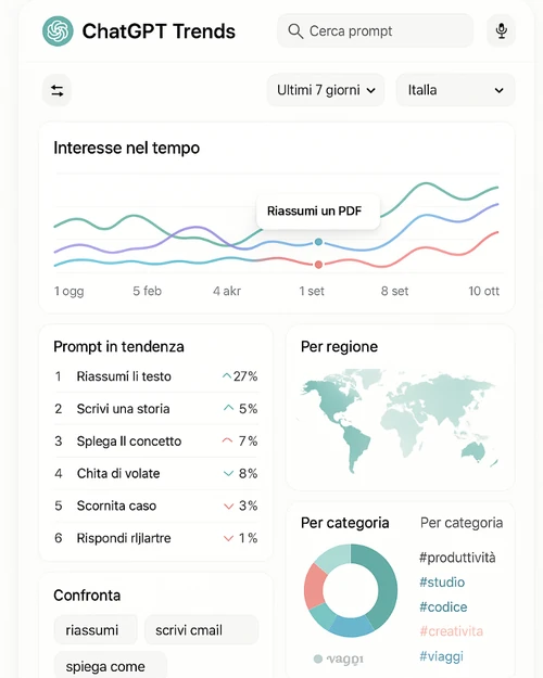 Mockup di ChatGPT Trends con grafici, prompt in tendenza e mappe
