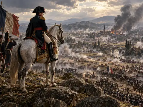 Rappresentazione di Napoleone a cavallo su un’altura, mentre osserva il campo di battaglia