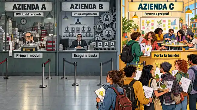 Three companies compared: bureaucracy and forms, rigid hierarchy, and an environment open to people, projects and ideas.