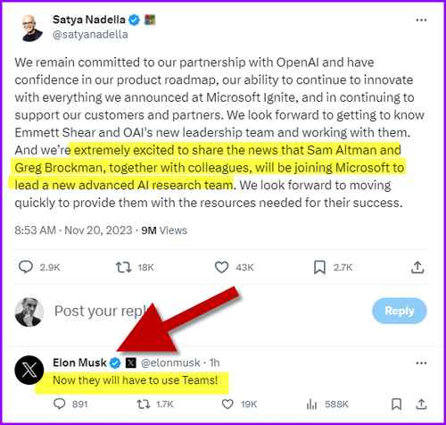 tweet di Nadella che assume Altman